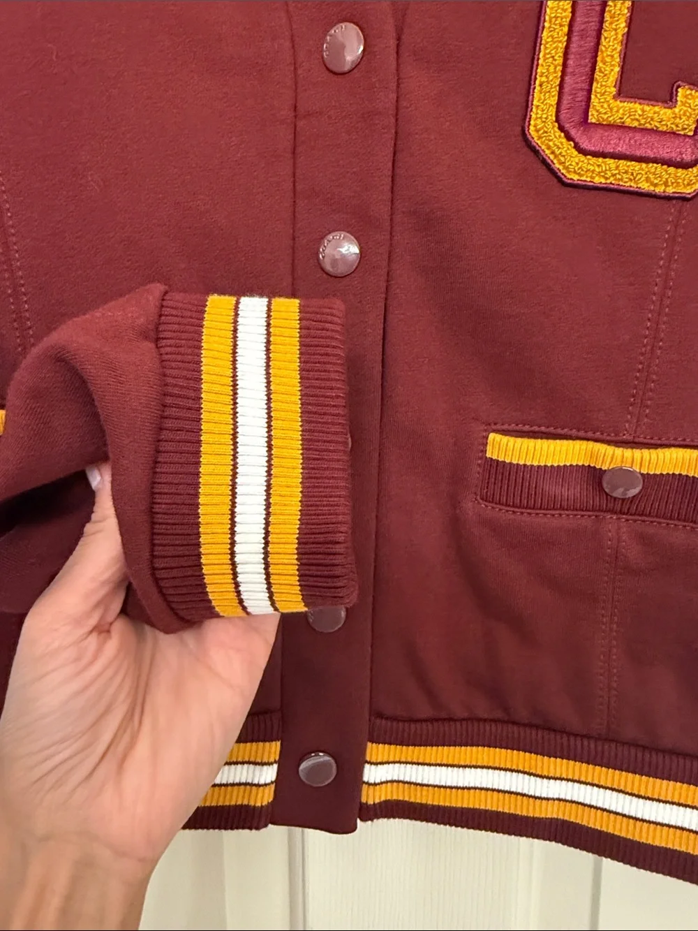 LIKE NEW, Coach Never worn, Maroon Varsity Jacket with Gold Trim